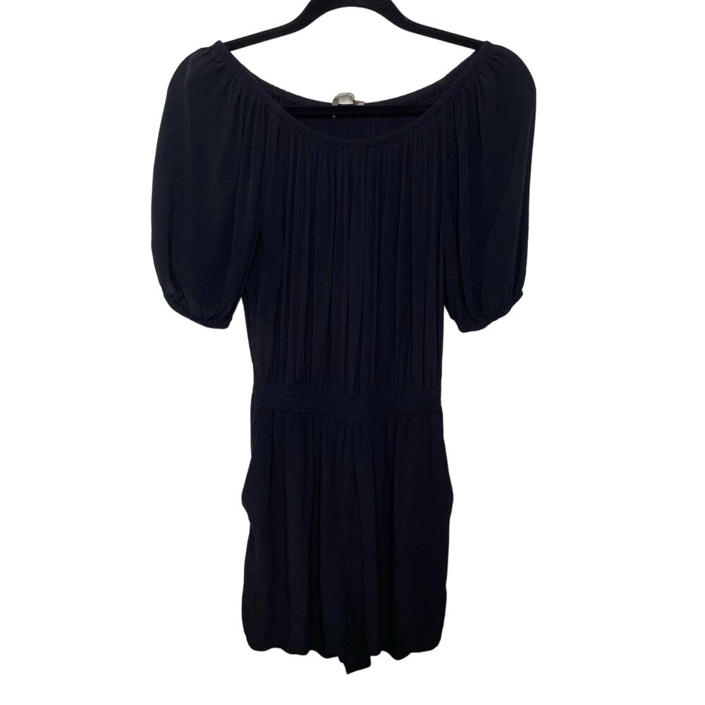LOFT Short Romper‎ Short Sleeve Elastic Neck Smocked Waist Pockets Black XXS